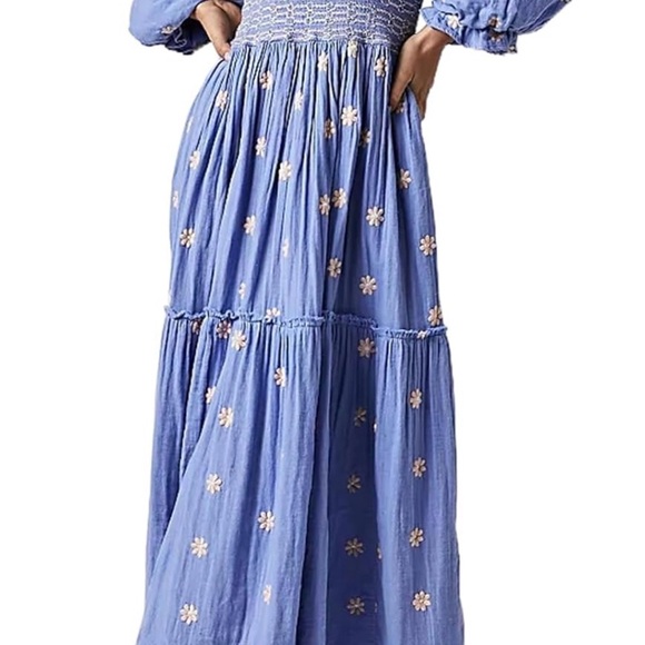 Dresses & Skirts - Smocked Square-Neck Maxi Dress in Light Periwinkle with Pink Embroidery